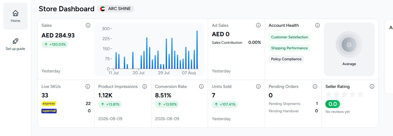 Original Noon store dashboard screenshot labelled ARC SHINE